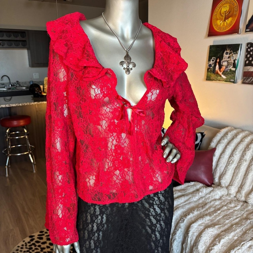 Vintage Red Lace Ruffle Collar Tie Front Blouse Y2K Boho